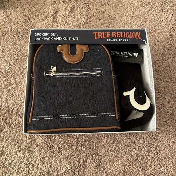 True Religion Brand Jeans Backpack And Black Knit Hat 2 Piece Gift Set